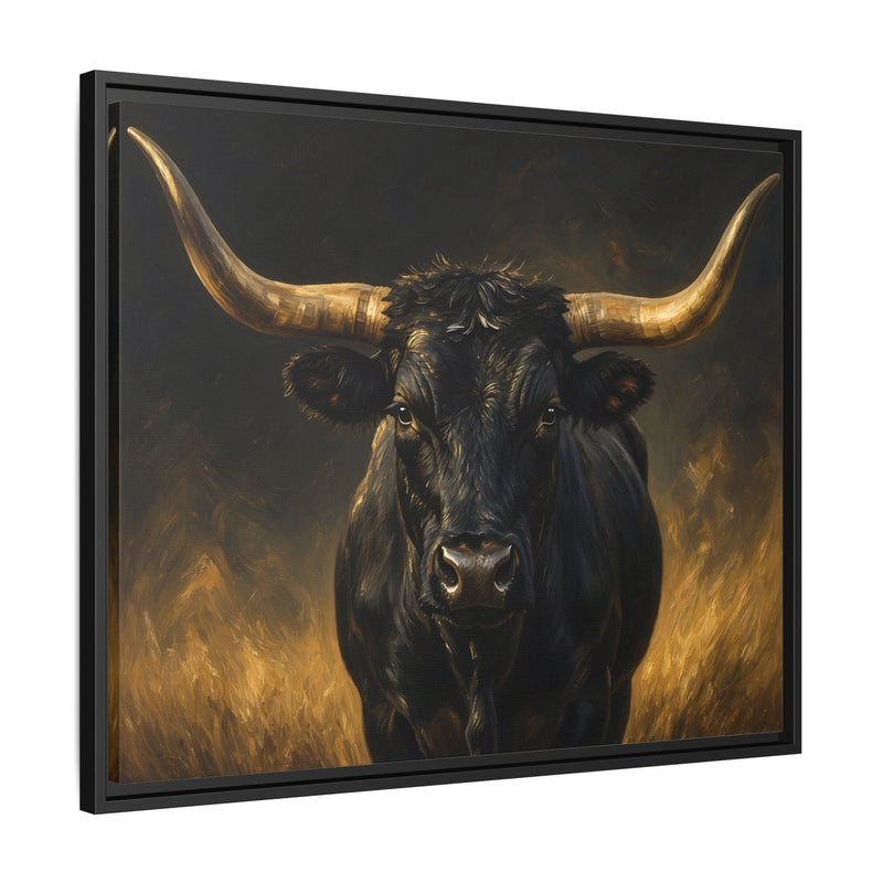 Black longhorn bull portrait canvas in black frame, close view of horns and face