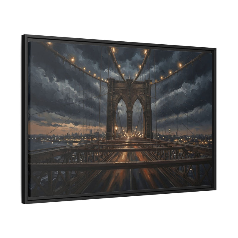Black framed matte canvas of Brooklyn Bridge at dusk with dramatic sky and illuminated towers.