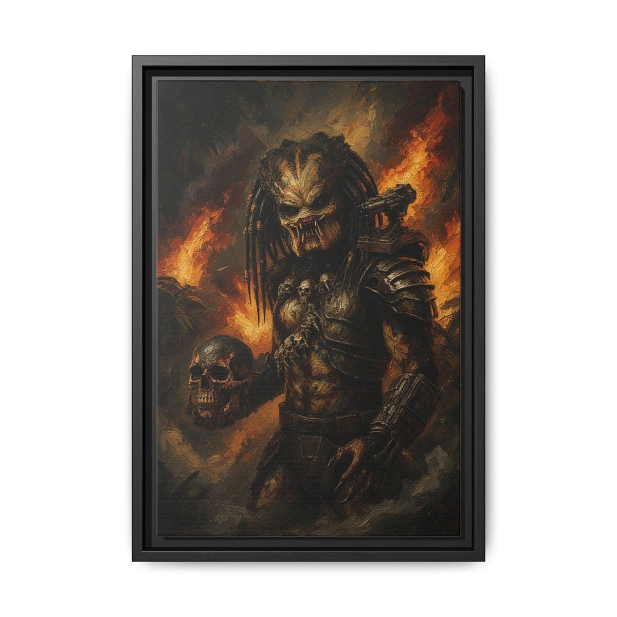Black-framed predator canvas wall art featuring a warrior, skulls, and fiery orange smoke