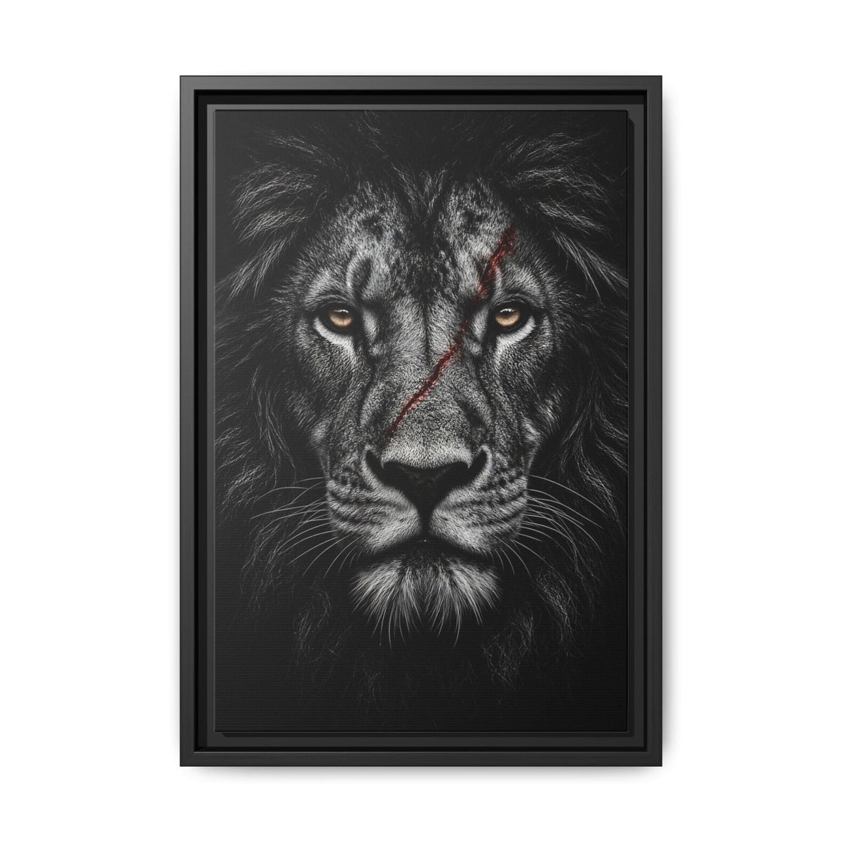 Black lion portrait canvas print with dark frame, centered close-up.