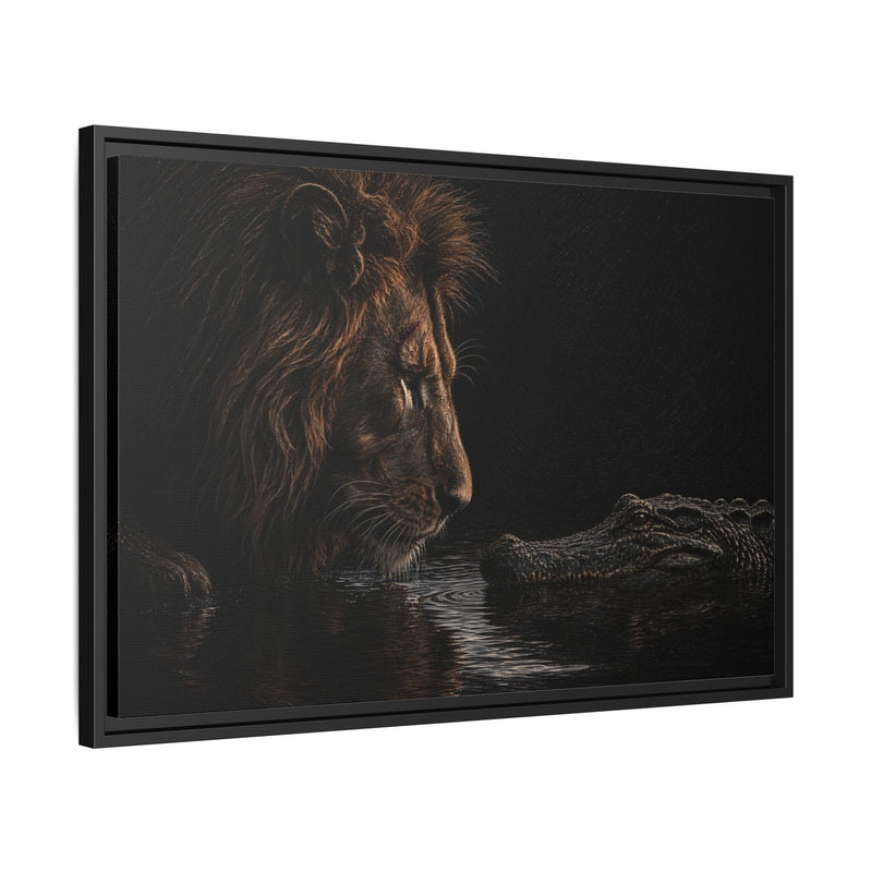 Black framed canvas wall art with a close lion face and an alligator near water line.