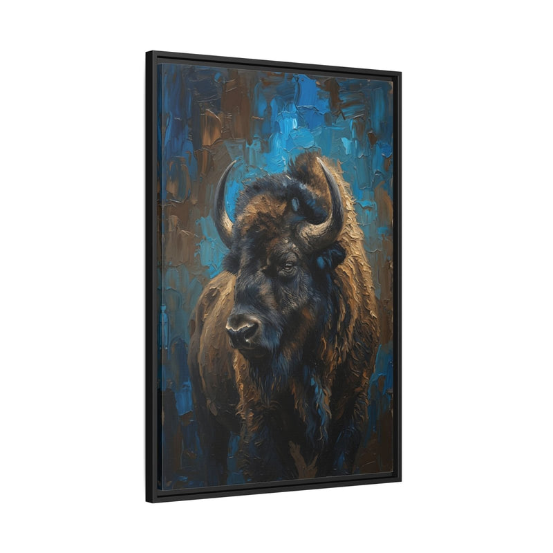 Black framed bison matte canvas wall art, centered bison portrait in blue-toned paint.