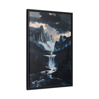 Mountain Waterfall Landscape Matte Canvas Framed | Moody Wall Art
