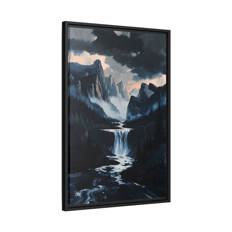 Slim framed matte canvas landscape print with waterfall in a rocky valley, black frame