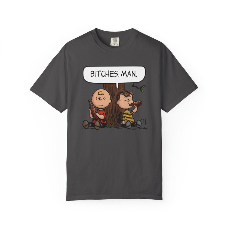 Graphite gray graphic t-shirt with cartoon characters and “BITCHES, MAN.” chest print