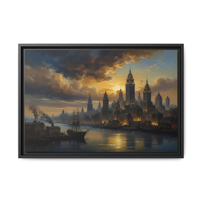 Framed Vintage Skyline Matte Canvas - Victorian Harbor Cityscape