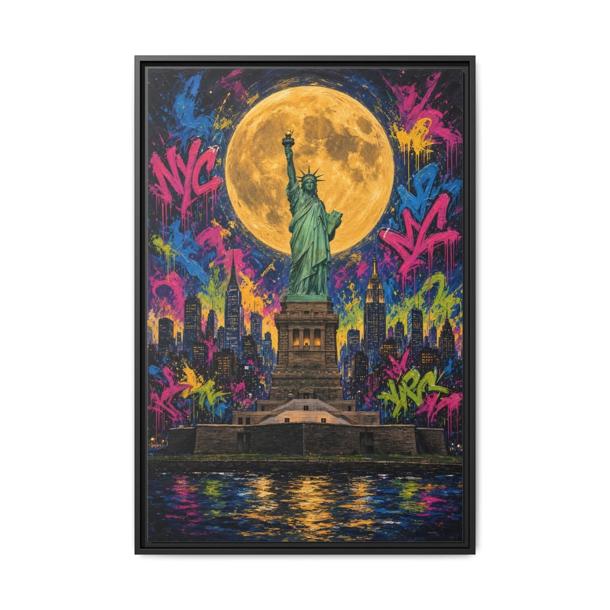 Framed graffiti canvas, black frame, Statue of Liberty under a glowing full moon