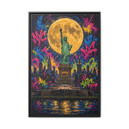 Framed graffiti canvas, black frame, Statue of Liberty under a glowing full moon