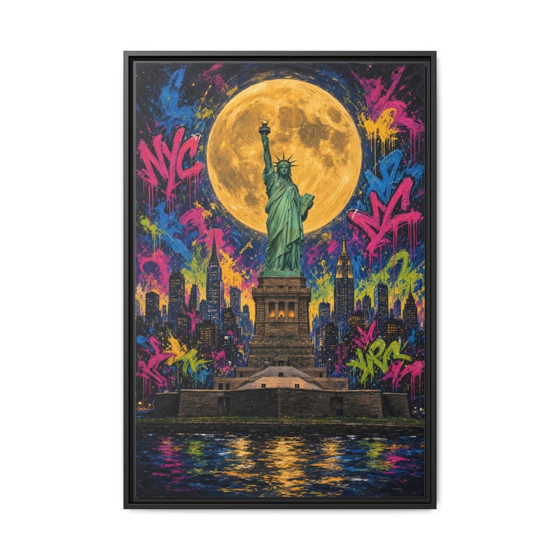 Framed graffiti canvas, black frame, Statue of Liberty under a glowing full moon