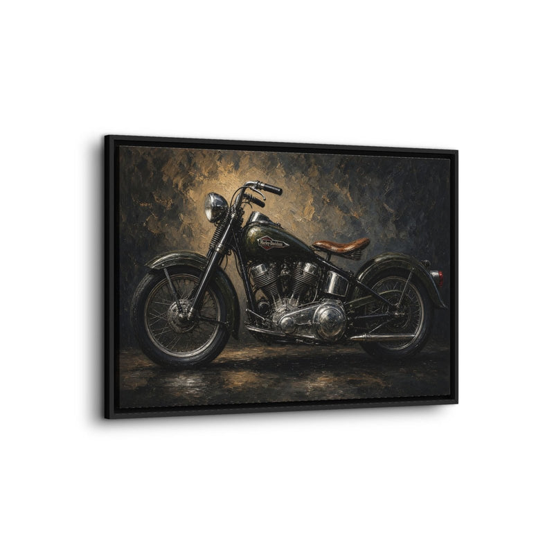 Side view of a black-framed canvas print with a vintage motorcycle