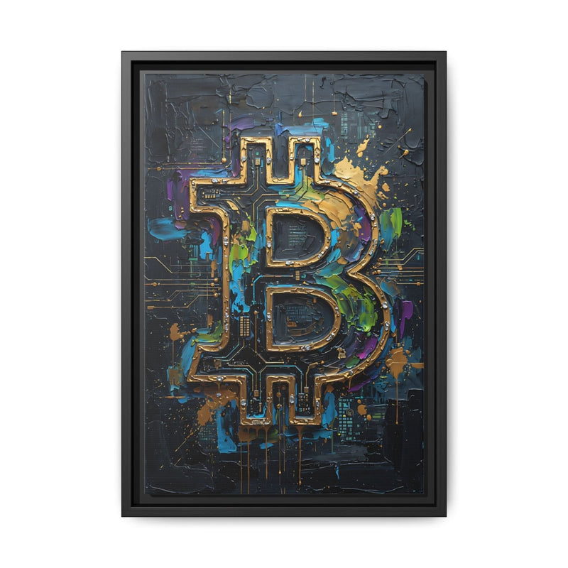 Framed Bitcoin B logo canvas print with gold and blue circuit artwork on dark background