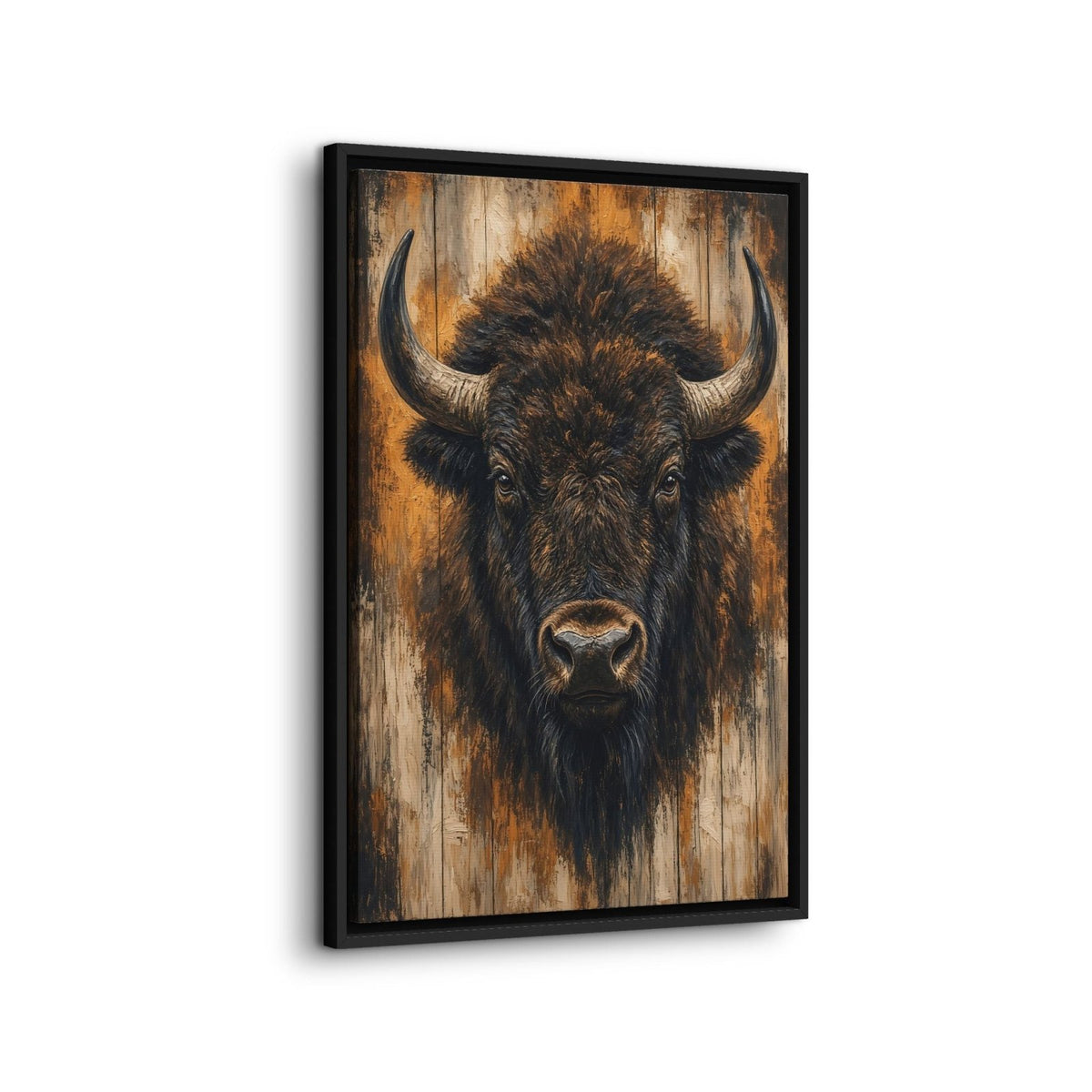 Framed bison portrait canvas wall art in full view, centered animal