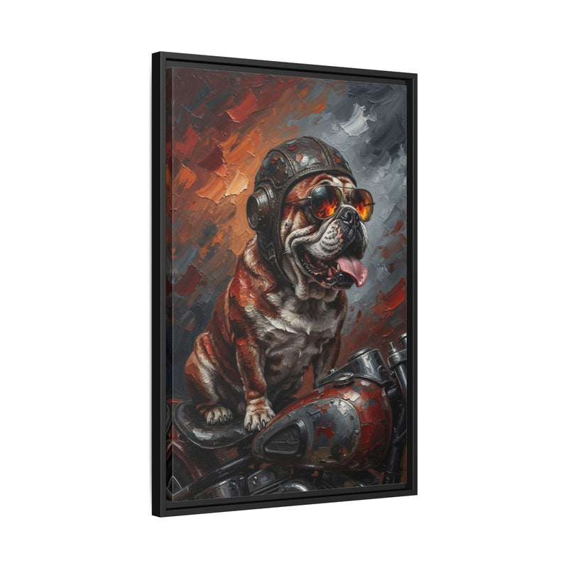 Framed canvas biker bulldog art, black frame, helmeted dog roaring beside motorcycle
