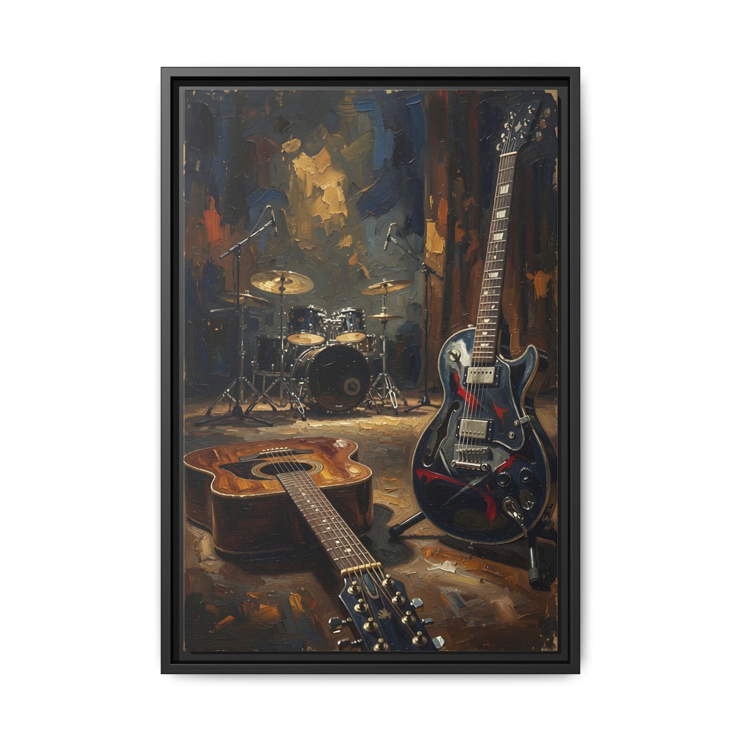 Framed Rock N Roll Matte Canvas - Vintage Guitar & Drum Set Music Wall Art