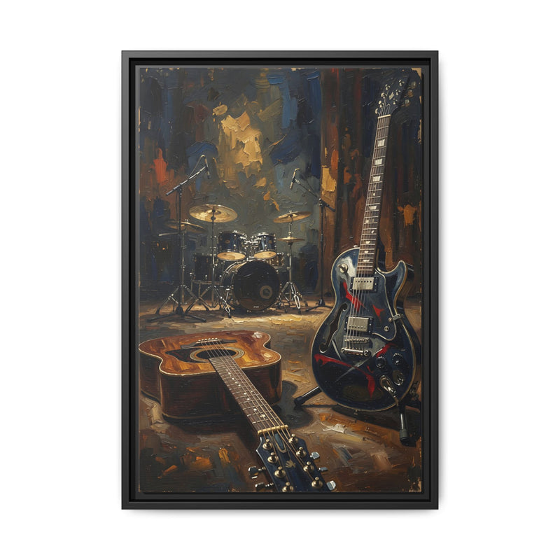 Framed Rock N Roll Matte Canvas - Vintage Guitar & Drum Set Music Wall Art
