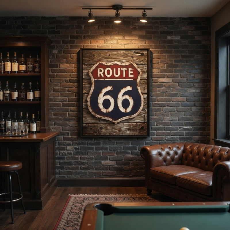 Framed Route 66 shield vintage sign on dark canvas, black frame, red ROUTE and blue 66.