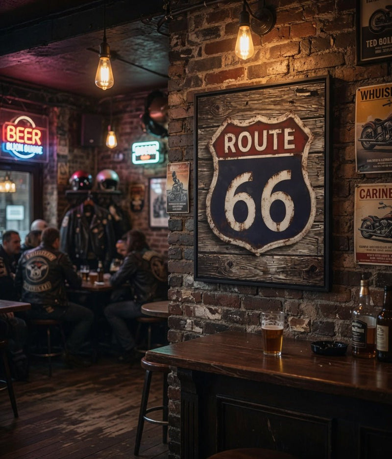 Framed Route 66 shield canvas sign with black frame, distressed finish and retro type