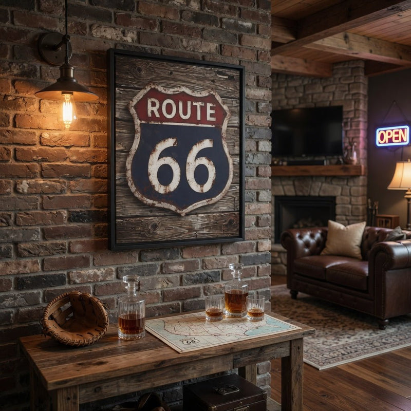 Framed Route 66 shield vintage sign mounted on wall, black frame, red ROUTE and blue 66.
