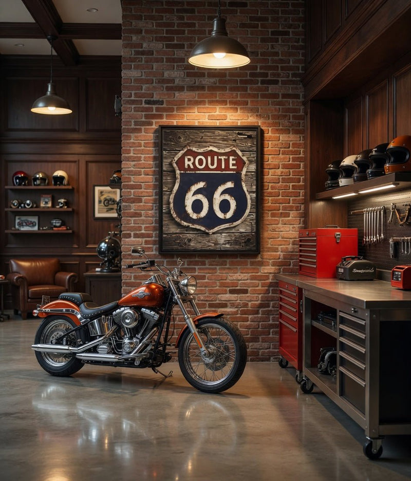 Framed vintage Route 66 shield canvas wall sign with black matte frame