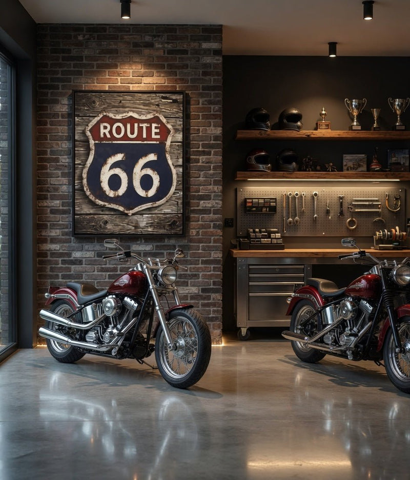 Framed Route 66 shield vintage sign on dark brick wall, black frame, red ROUTE and blue 66.