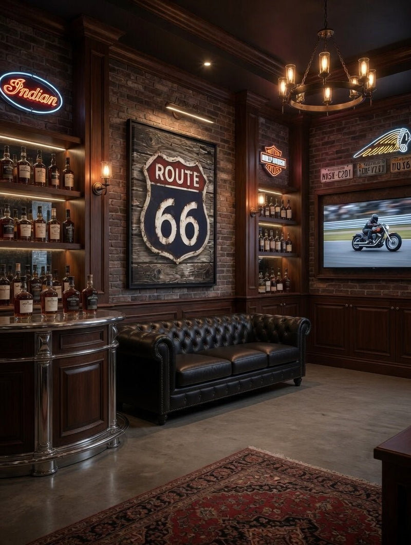 Framed Route 66 shield vintage sign on wall, black frame, red ROUTE and distressed blue 66.