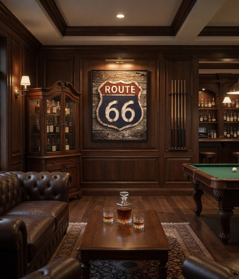 Vintage framed Route 66 shield canvas wall sign with dark distressed border and black frame