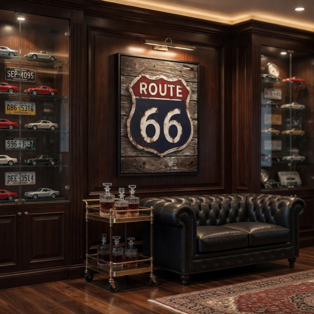 Route 66 Shield Vintage Sign Matte Canvas Framed | Rustic Wall Art