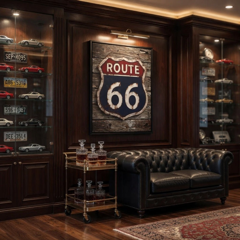 Framed Route 66 shield vintage sign in black frame, red ROUTE over blue 66.