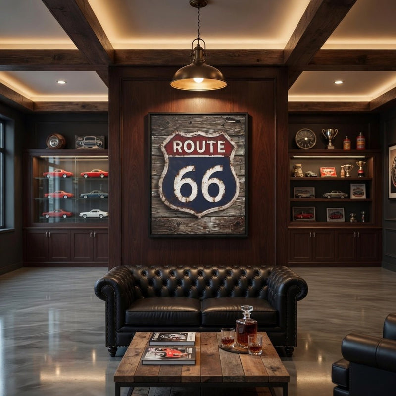 Framed Route 66 shield vintage sign on dark canvas, black frame, distressed blue and red.