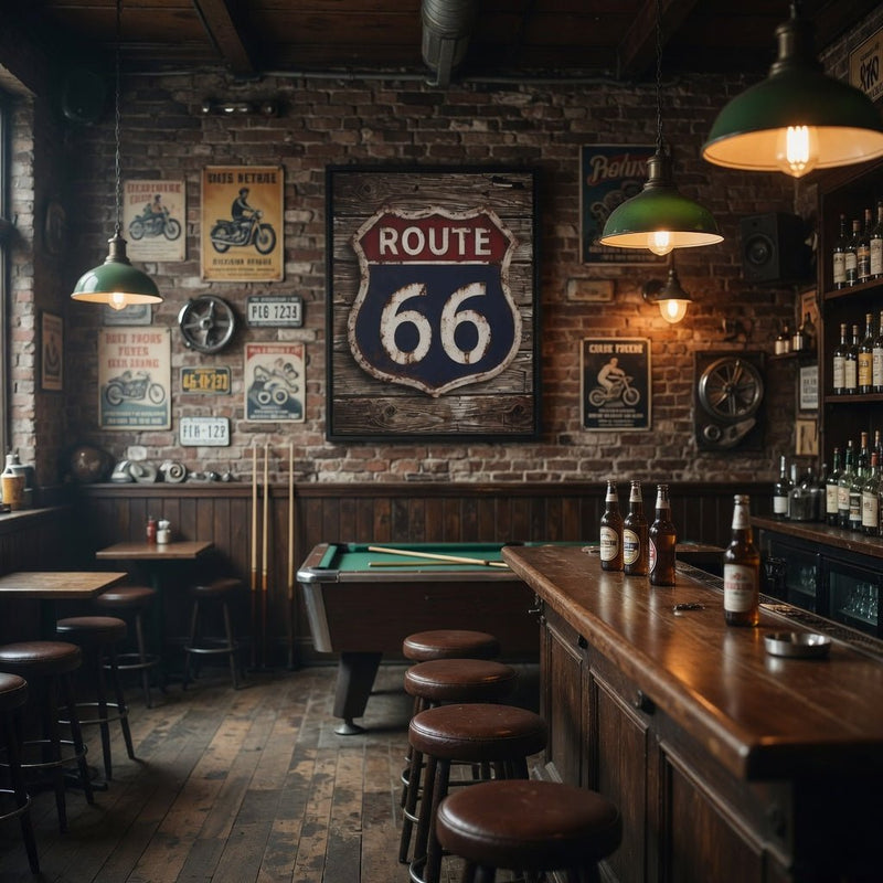 Framed Route 66 shield vintage sign on dark canvas, black frame, distressed blue 66.