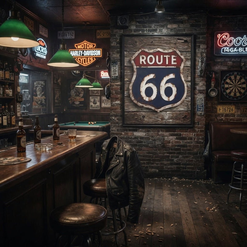 Framed vintage Route 66 shield canvas sign with black frame, faded retro road emblem