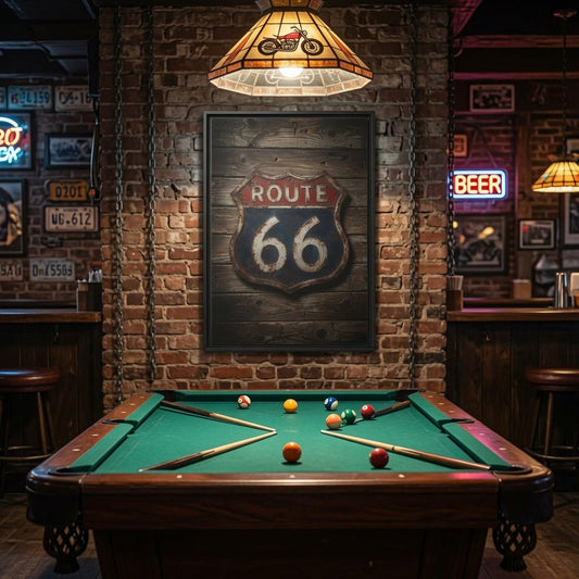 Framed Route 66 wall canvas with distressed wood background and blue 66 shield