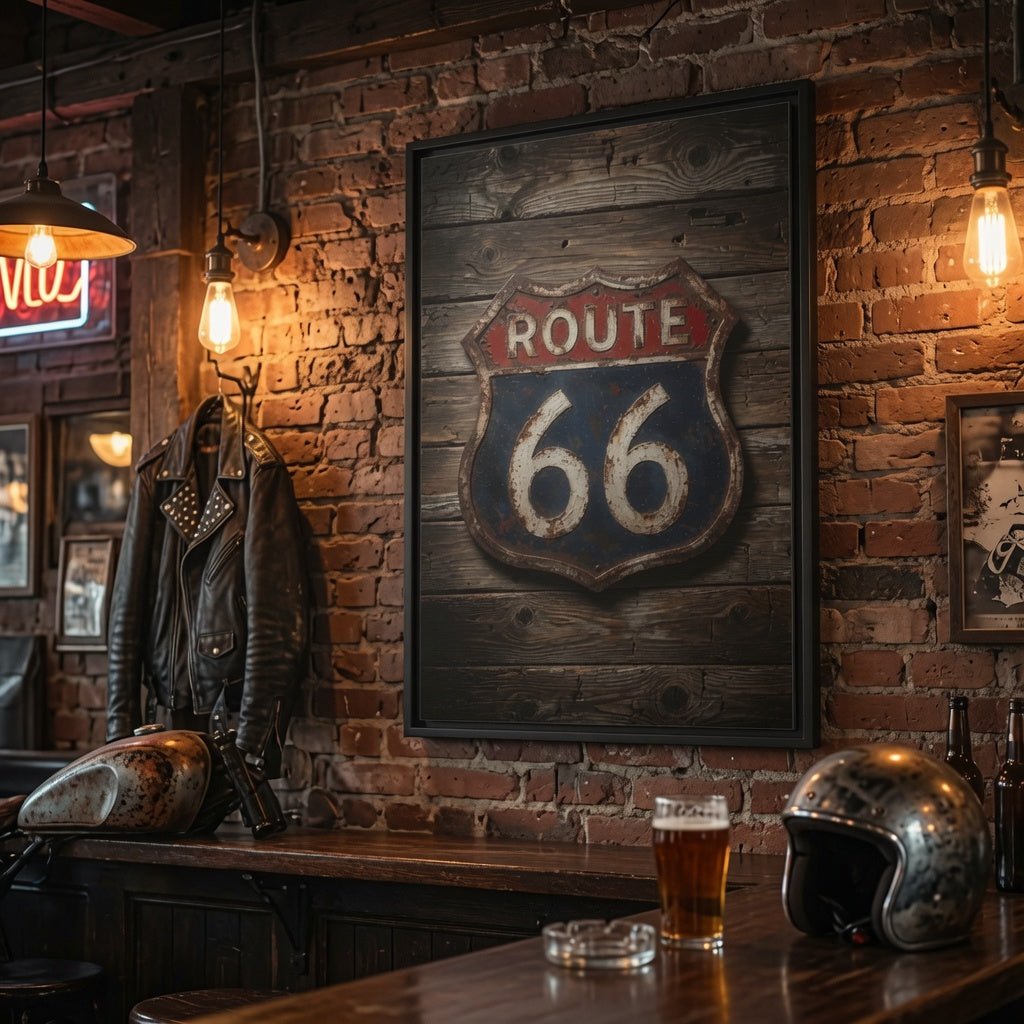 Route 66 Vintage Sign Framed Canvas — Rustic Retro Road Trip Wall Art