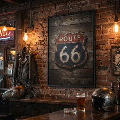 Route 66 Vintage Sign Framed Canvas — Rustic Retro Road Trip Wall Art
