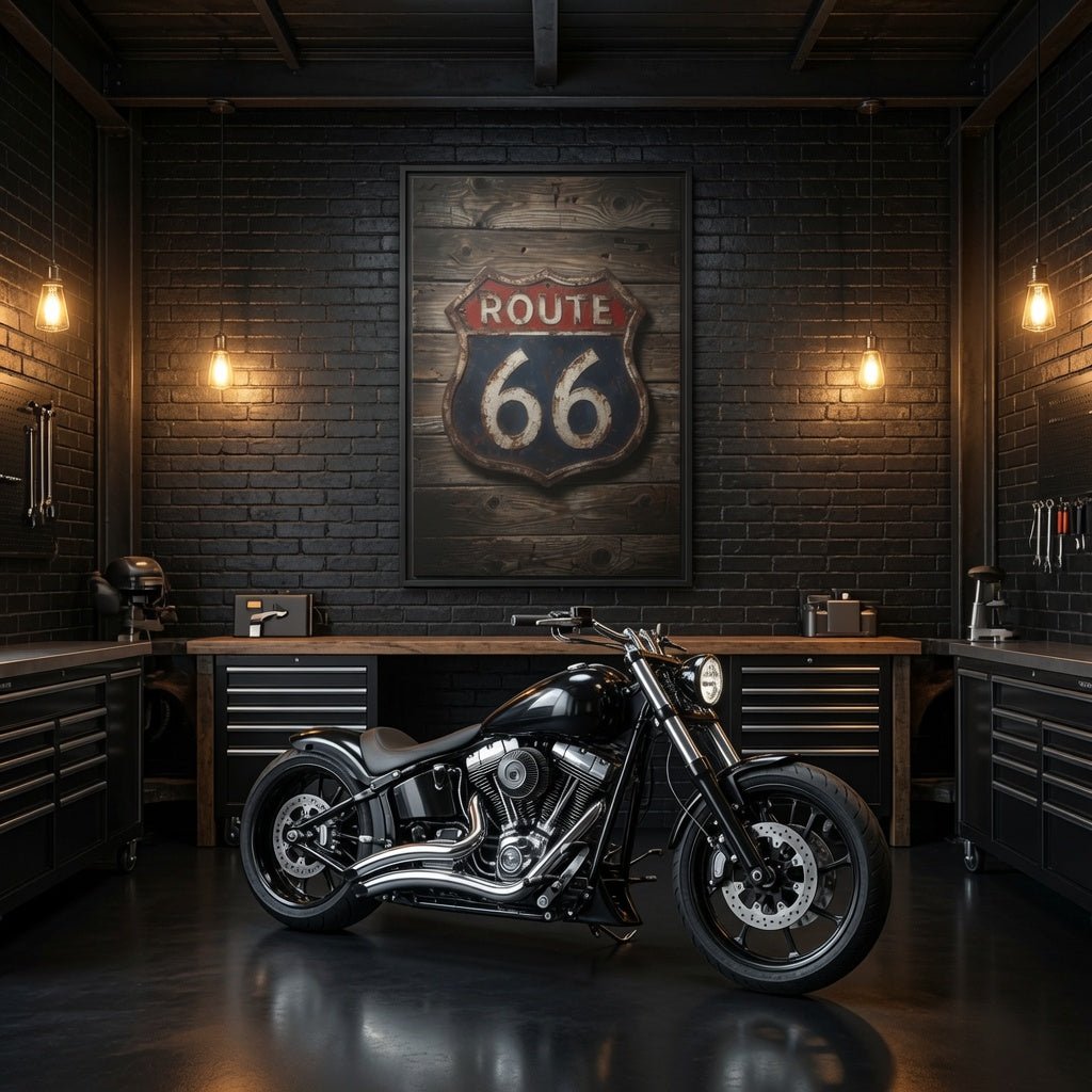 Route 66 Vintage Sign Framed Canvas — Rustic Retro Road Trip Wall Art