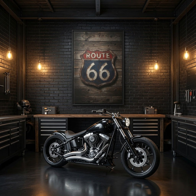 Route 66 Vintage Sign Framed Canvas — Rustic Retro Road Trip Wall Art