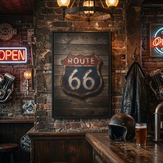 Framed vintage Route 66 wall canvas with dark blue shield and red ROUTE banner