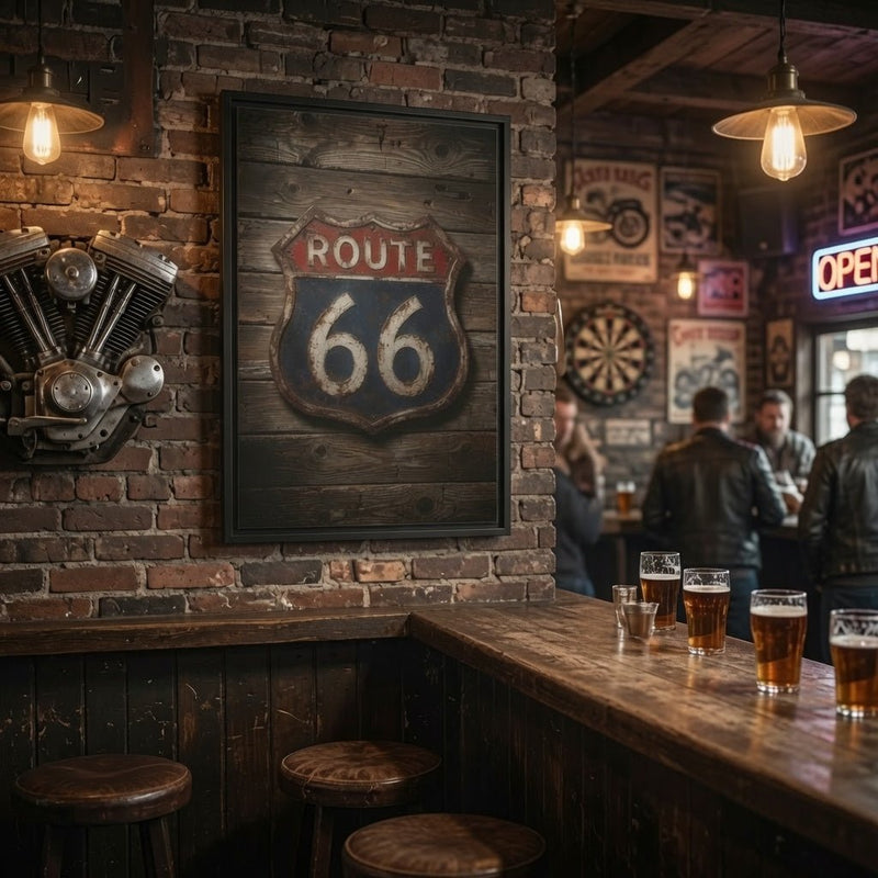 Route 66 Vintage Sign Framed Canvas — Rustic Retro Road Trip Wall Art