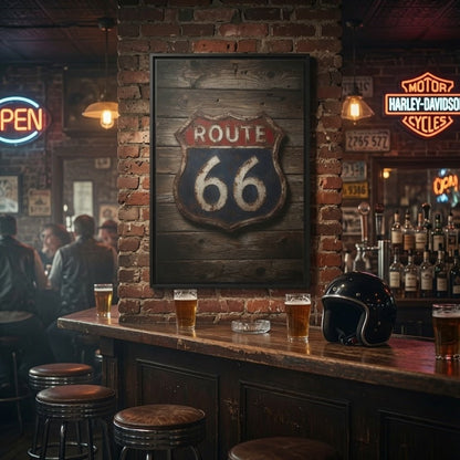 Route 66 Vintage Sign Framed Canvas — Rustic Retro Road Trip Wall Art