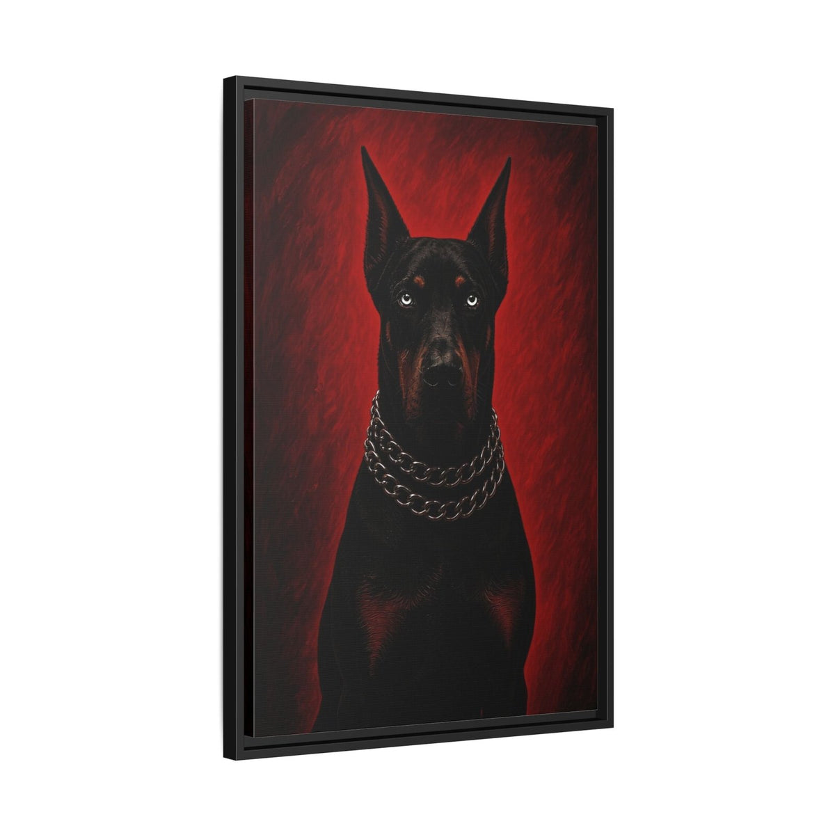 Angled framed canvas Doberman portrait with red tones and silver chain collar