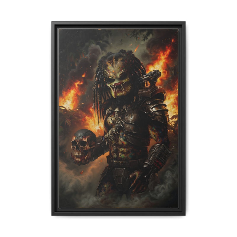 Black framed canvas featuring predator-like warrior graphic with fire and skull elements.