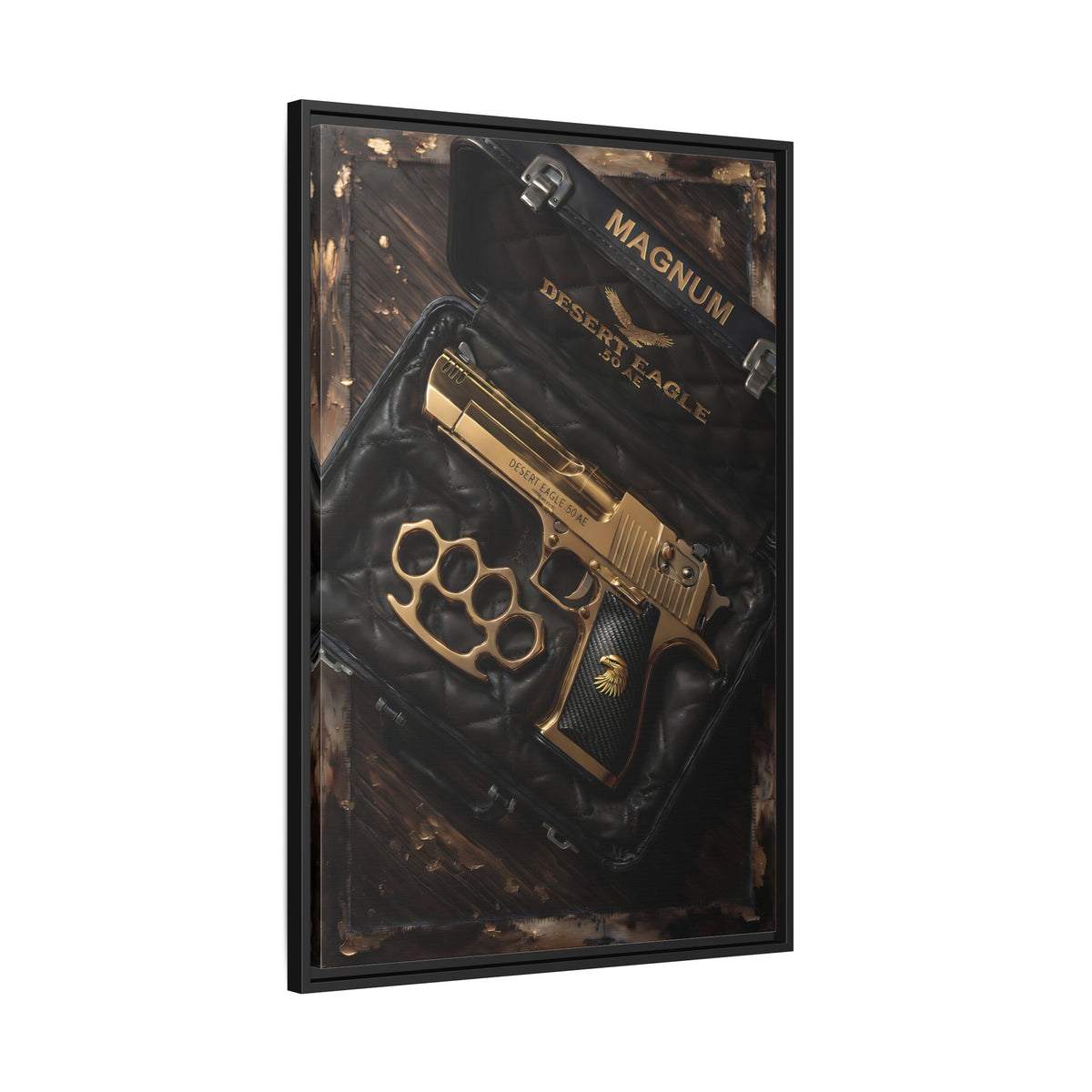 Framed canvas wall art with gold handgun and brass knuckles design, black frame