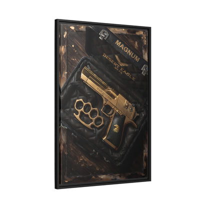 Framed canvas wall art with gold handgun and brass knuckles design, black frame