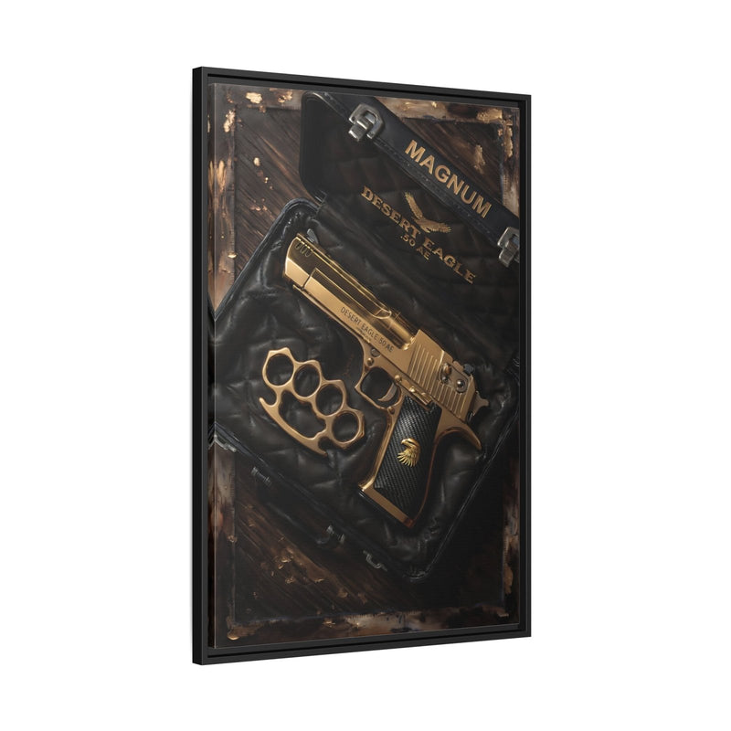 Framed canvas artwork angled view of Desert Eagle pistol and brass knuckles, dark tones