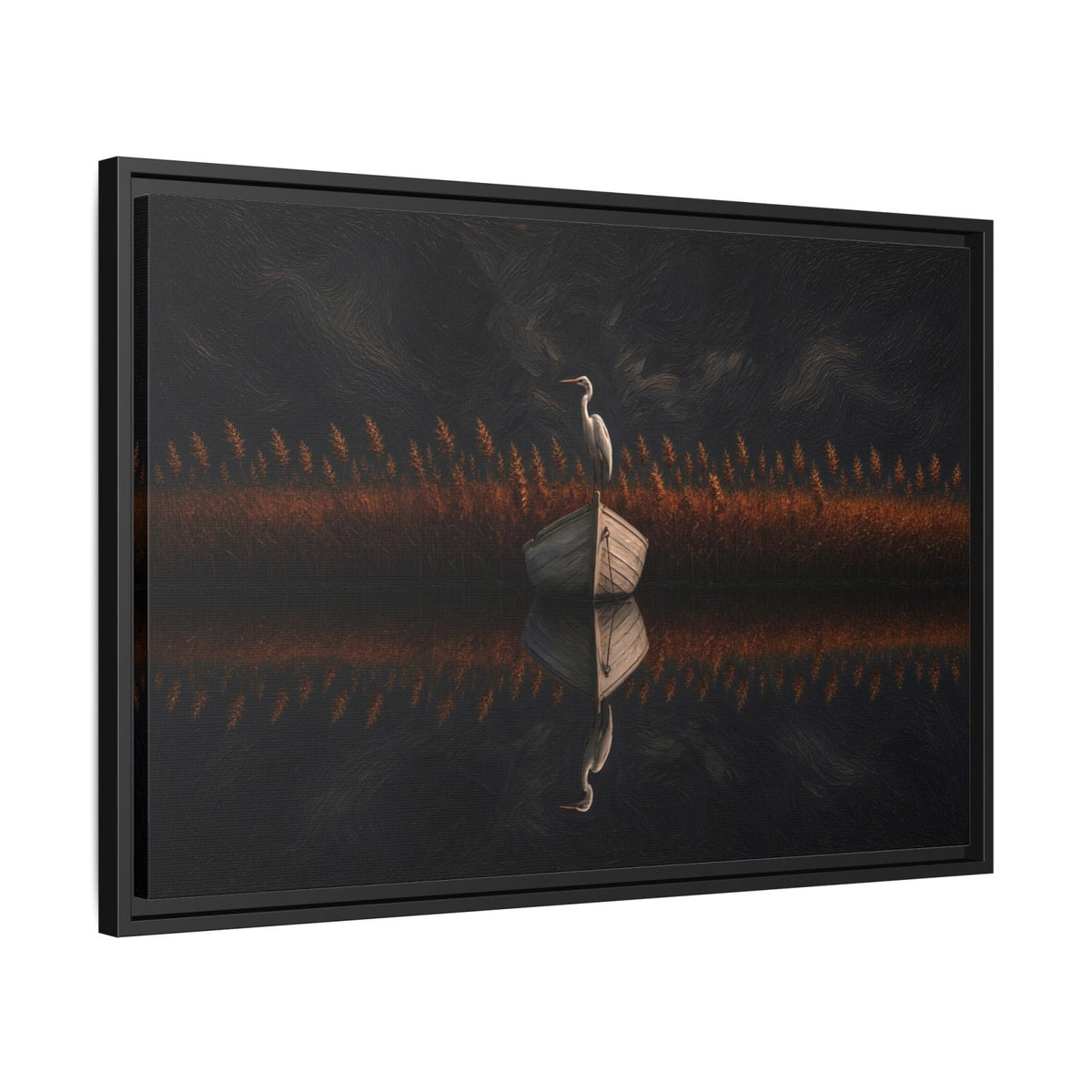 Horizontal framed canvas art with heron silhouette, warm orange grasses, dark palette.