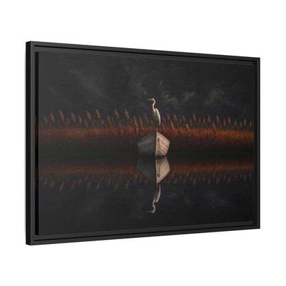 Horizontal framed canvas art with heron silhouette, warm orange grasses, dark palette.