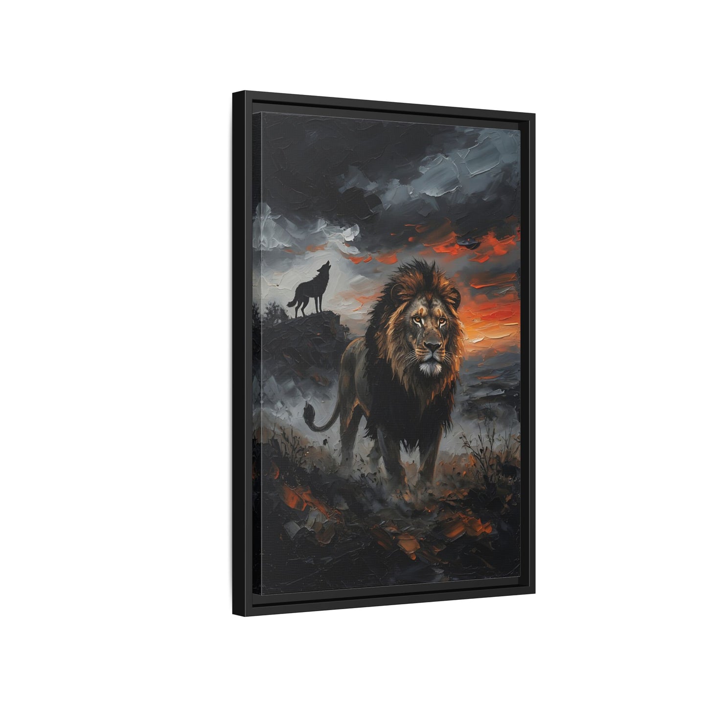 Lion and Wolf Matte Framed Canvas — Majestic Wildlife Sunset Wall Art