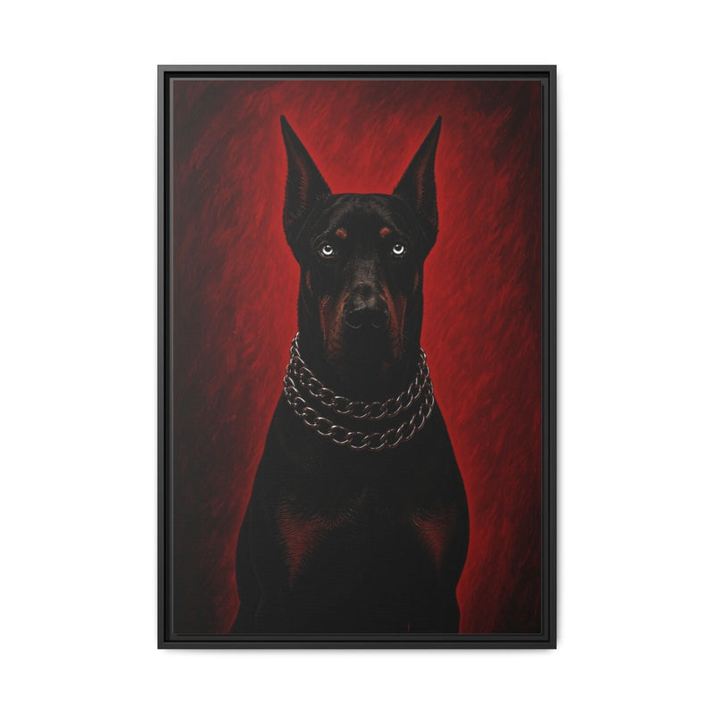 Framed canvas wall art featuring a black Doberman with raised ears and silver chain collar