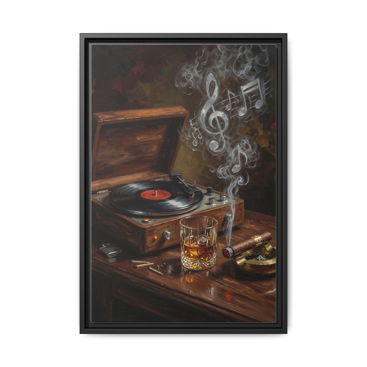 Vintage Record Player with Whiskey and Cigar / Music Note Smoke - Framed Canvas