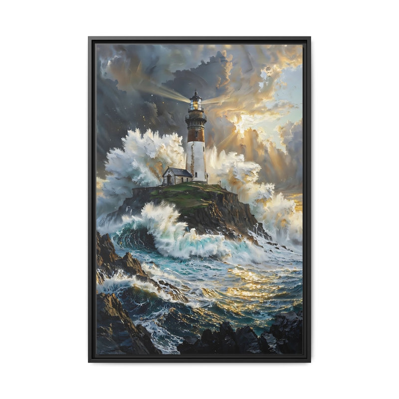 Black framed lighthouse seascape canvas wall art with sunlit breaks and foamy surf